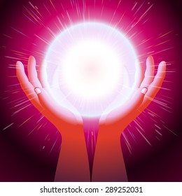 Energy magic ball in hands; The light created by hands sorcerer; Thunderball is held between the palms; Vector Eps10