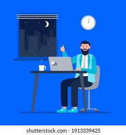 A energy man works at night. Working at home, telework, freelance. Vector flat illustration.