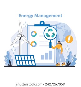 Concepto de gestión energética. Muestra la integración de fuentes de energía renovables y herramientas analíticas en el uso eficiente de la energía. Muestra las prácticas de energía sostenible en las operaciones logísticas.