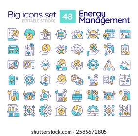 Energy management RGB color icons set. Power consumption control, monitoring. Carbon emissions, ecology. Isolated vector illustrations. Simple filled line drawings collection. Editable stroke