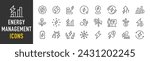 Energy management web icons in line style. Sustainable development, recycling, waste reduction, green energy, climate stability. Vector illustration.