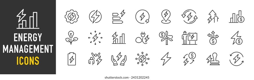 Energiemanagement-Websymbole im Linienstil. Nachhaltige Entwicklung, Recycling, Abfallreduzierung, grüne Energie, Klimastabilität. Vektorgrafik.