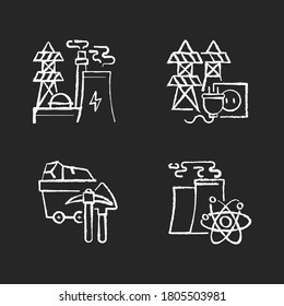 Energy manufacturing chalk white icons set on black background. Electric power station, nuclear reactor and coal mining plant. Electricity industry. Isolated vector chalkboard illustrations