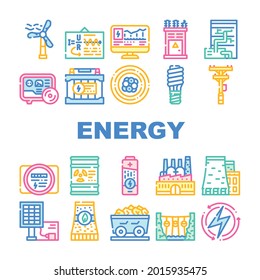 Energy Manufacturing Collection Icons Set Vector. Energy Safe Lightbulb And Electrical Equipment, Industrial Power Production Plant And Infrastructure Line Pictograms. Contour Color Illustrations