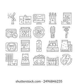 Energy Manufacturing Collection Icons Set Vector. Energy Safe Lightbulb And Electrical Equipment, Industrial Power Production Plant And Infrastructure Black Contour Illustrations