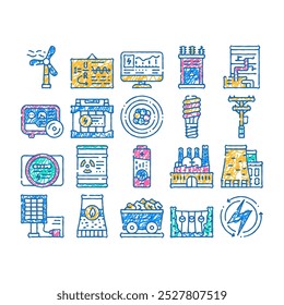 fabricação de energia doodle ícones definir vetor. esboço linha arte energia segura lâmpada e equipamentos elétricos, planta de produção de energia industrial e infraestrutura cores ilustrações