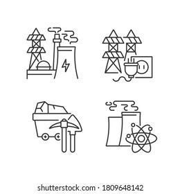 Energy manufacturing linear icons set. Electric power station, nuclear reactor and coal mining plant customizable thin line contour symbols. Isolated vector outline illustrations. Editable stroke