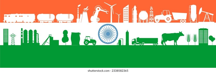 Energy, manufacturing and power icons set. Header or footer banner. Sustainable energy generation, transportation, agriculture and heavy industry. Flag of India