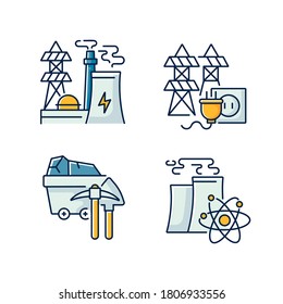 Energy manufacturing RGB color icons set. Electric power station, nuclear reactor and coal mining plant. Electricity industry. Isolated vector illustrations