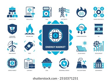 Conjunto de iconos del mercado de la energía. Petróleo, Emisiones De Carbono, Gas Natural, Energía Eólica, Calor, Combustible, Desarrollo, Precio. Iconos sólidos de color duotono