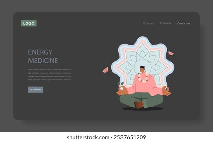 Energy Medicine concept. Illustration of a person meditating with holistic icons for natural healing. Alternative therapy and wellness representation. Vector illustration.