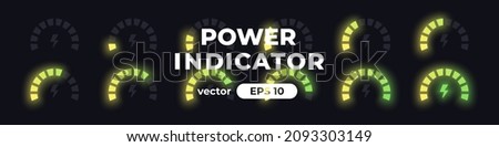 Energy meter. Power level indicator. Loading circle with percentage. Gauge concept with lightning icon. Animation. UI, User interface. Minimalistic template. Modern design. Vector illustration.