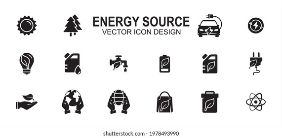 Energy miscellaneous source related vector icon user interface graphic design. Contains such icons as solar, tree, electric, renewable electric, water, fossil, oil, nature, earth, nuclear, compost