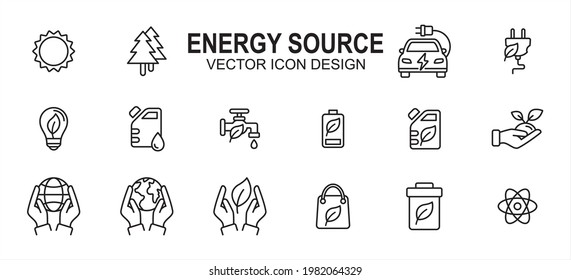 Energy miscellaneous source related vector icon user interface graphic design. Contains such icons as solar, tree, electric, renewable electric, water, fossil, oil, nature, earth, nuclear, compost