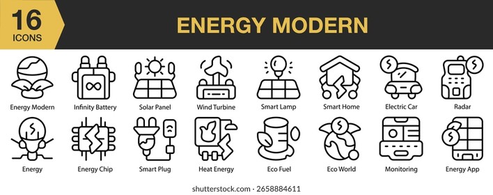 Energy Modern icon set. Includes power, technology, modern, energy, electricity, and More. Outline icons vector collection.