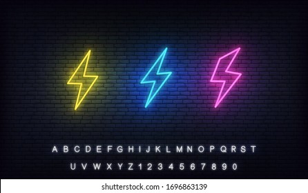 Energy neon. Sign of lightning bolt, thunder and electricity