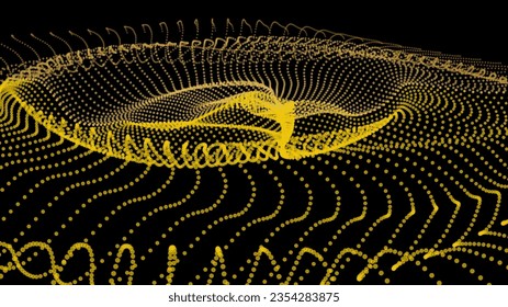 Flujos de red energética. Líneas de partículas de punto penetrando la niebla. Las luces de neón son un plexo de nudos. Infinito espacio de fila de nodo curvo. Parametro del universo del embudo de enlace. Presentación de la tecnología de la información de antecedentes.