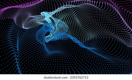 Energy net flows. Dot particle lines penetrating fog. Neon lights plexus of knots. Curved node row space infinity. Linking funnel universe parameter. Background information technology presentation.