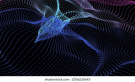 Energy net flows. Dot particle lines penetrating fog. Neon lights plexus of knots. Curved node row space infinity. Linking funnel universe parameter. Background information technology presentation.