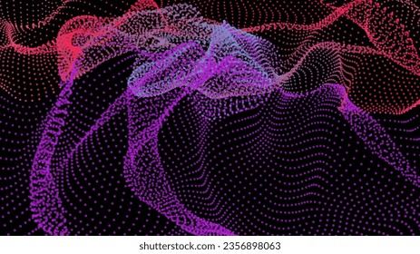 Flujos de red energética. Líneas de partículas de punto penetrando la niebla. Las luces de neón son un plexo de nudos. Infinito espacio de fila de nodo curvo. Parametro del universo del embudo de enlace. Presentación de la tecnología de la información de antecedentes.