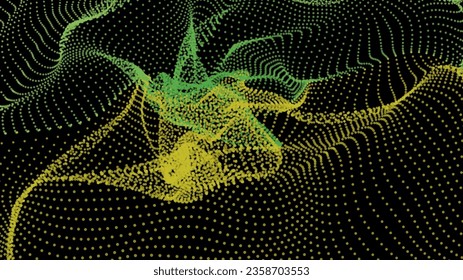 Energy net flows. Dot particle lines penetrating fog. Neon lights plexus of knots. Curved node row space infinity. Linking funnel universe parameter. Background information technology presentation.