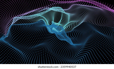 Flujos de red energética. Líneas de partículas de punto penetrando la niebla. Las luces de neón son un plexo de nudos. Infinito espacio de fila de nodo curvo. Parametro del universo del embudo de enlace. Presentación de la tecnología de la información de antecedentes.