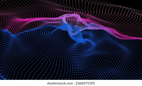 Energy net flows. Dot particle lines penetrating fog. Neon lights plexus of knots. Curved node row space infinity. Linking funnel universe parameter. Background information technology presentation.