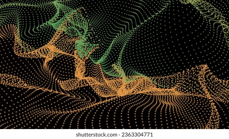 Flujos de red energética. Líneas de partículas de punto penetrando la niebla. Las luces de neón son un plexo de nudos. Infinito espacio de fila de nodo curvo. Parametro del universo del embudo de enlace. Presentación de la tecnología de la información de antecedentes.