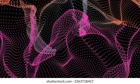 Energy net flows. Dot particle lines penetrating fog. Neon lights plexus of knots. Curved node row space infinity. Linking funnel universe parameter. Background information technology presentation.