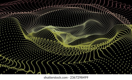 Energy net flows. Dot particle lines penetrating fog. Neon lights plexus of knots. Curved node row space infinity. Linking funnel universe parameter. Background information technology presentation.