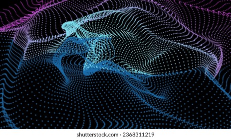 Energy net flows. Dot particle lines penetrating fog. Neon lights plexus of knots. Curved node row space infinity. Linking funnel universe parameter. Background information technology presentation.