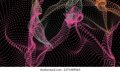 Energy net flows. Dot particle lines penetrating fog. Neon lights plexus of knots. Curved node row space infinity. Linking funnel universe parameter. Background information technology presentation.