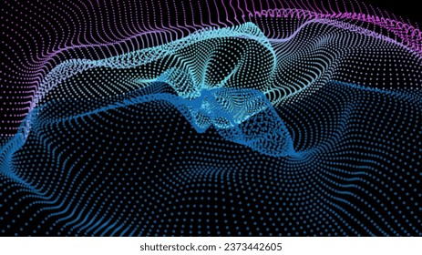 Energy net flows. Dot particle lines penetrating fog. Neon lights plexus of knots. Curved node row space infinity. Linking funnel universe parameter. Background information technology presentation.