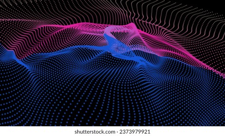 Energy net flows. Dot particle lines penetrating fog. Neon lights plexus of knots. Curved node row space infinity. Linking funnel universe parameter. Background information technology presentation.