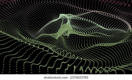 Energy net flows. Dot particle lines penetrating fog. Neon lights plexus of knots. Curved node row space infinity. Linking funnel universe parameter. Background information technology presentation.