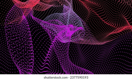 Energy net flows. Dot particle lines penetrating fog. Neon lights plexus of knots. Curved node row space infinity. Linking funnel universe parameter. Background information technology presentation.