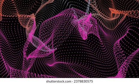 Energy net flows. Dot particle lines penetrating fog. Neon lights plexus of knots. Curved node row space infinity. Linking funnel universe parameter. Background information technology presentation.