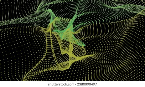 Energy net flows. Dot particle lines penetrating fog. Neon lights plexus of knots. Curved node row space infinity. Linking funnel universe parameter. Background information technology presentation.