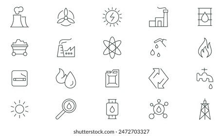 Energy and Oil and gas - thin line icon set. Energy, power, energy resources, plant web icons collection. Outline icons collection.