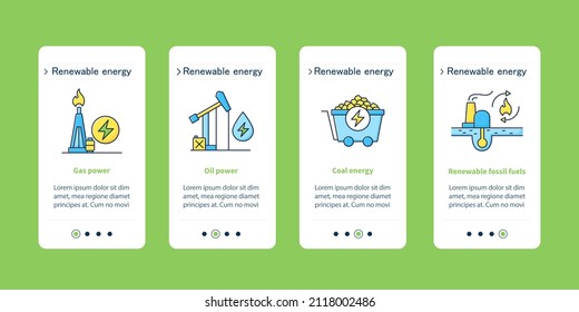 Energy onboarding mobile app screens. Gas power, oil, coal energies. Power stations steps menu. Set of UI, UX, web template with RGB color linear icons