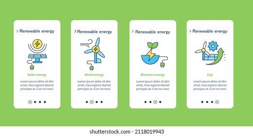 Energy onboarding mobile app screens. Solar, wind, biomass stations steps menu. Set of UI, UX, web template with RGB color linear icons