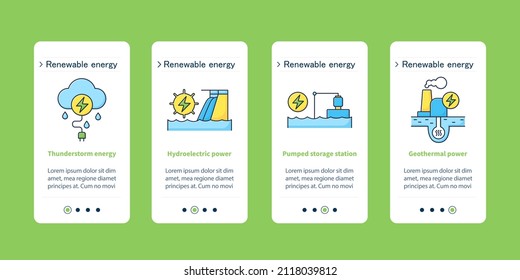 Energy onboarding mobile app screens. Thunderstorm, hydroelectric, pumped storage, geothermal stations steps menu. Set of UI, UX, web template with RGB color linear icons