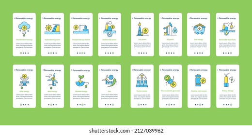 Energy onboarding mobile app screens. Selling of renewable sources. Power stations steps menu. Set of UI, UX, web template with RGB color linear icons