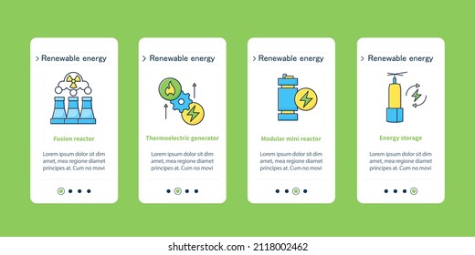 Energy onboarding mobile app screens.Fusion and modular mini reactors, thermoelectric generator. Energy storage. Power stations steps menu. Set of UI, UX, web template with RGB color linear icons