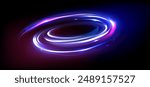 Energy orb with blue and pink neon glow effect. Realistic 3d vector illustration of swirl flare circle on black background. Magic luminous vortex oval portal. Radial spin ellipse or shine power ring.