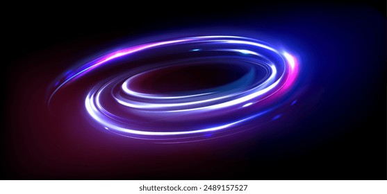 Energy orb with blue and pink neon glow effect. Realistic 3d vector illustration of swirl flare circle on black background. Magic luminous vortex oval portal. Radial spin ellipse or shine power ring.