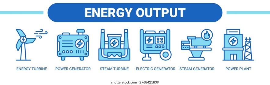Energy Output web banner icon vector illustration concept with icons of energy turbine, power generator, steam turbine, electric generator, steam generator, and power plant.