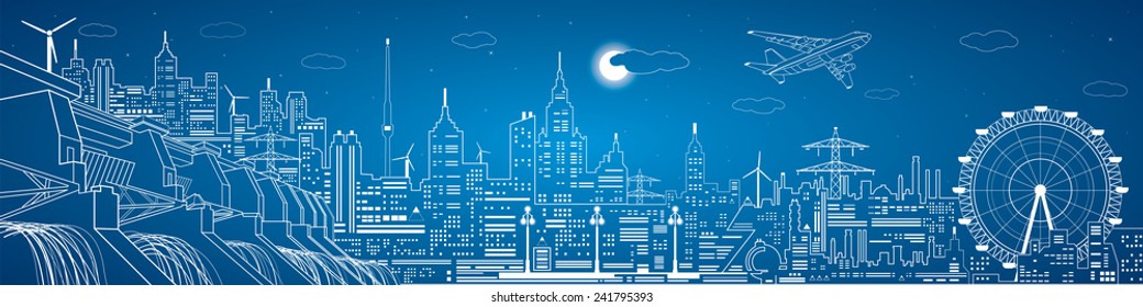 Energy panorama, hydro power plant, night city, neon lines, dam, vector design