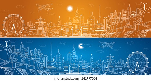 Energy panorama, hydro power plant, night city, neon lines, dam, vector design, day and night