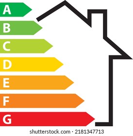 Energy Performance Certificate. Energy Efficiency Rating Graph with arrows on house. Vector illustration III.